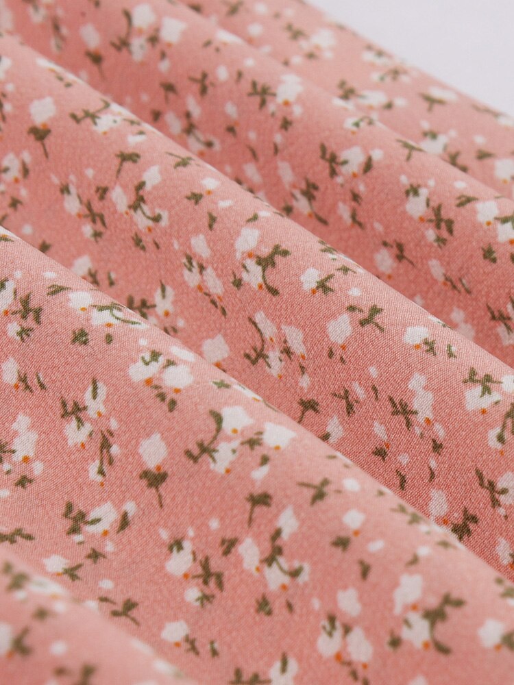 Ruched V-Neck High Waist Floral Pinup Retro Elegant Short Sleeve Pink Women Vintage Pleated Pocket Dress