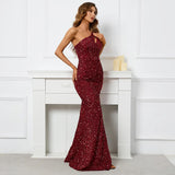 Sexy Slit Burgundy Sequin Women One Shoulder Beading Long Evening Party Maxi Dress