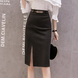 Women High Waist Spring Office Style All-match Elegant Slim Ladies Knee-length Pencil Skirt With Belts