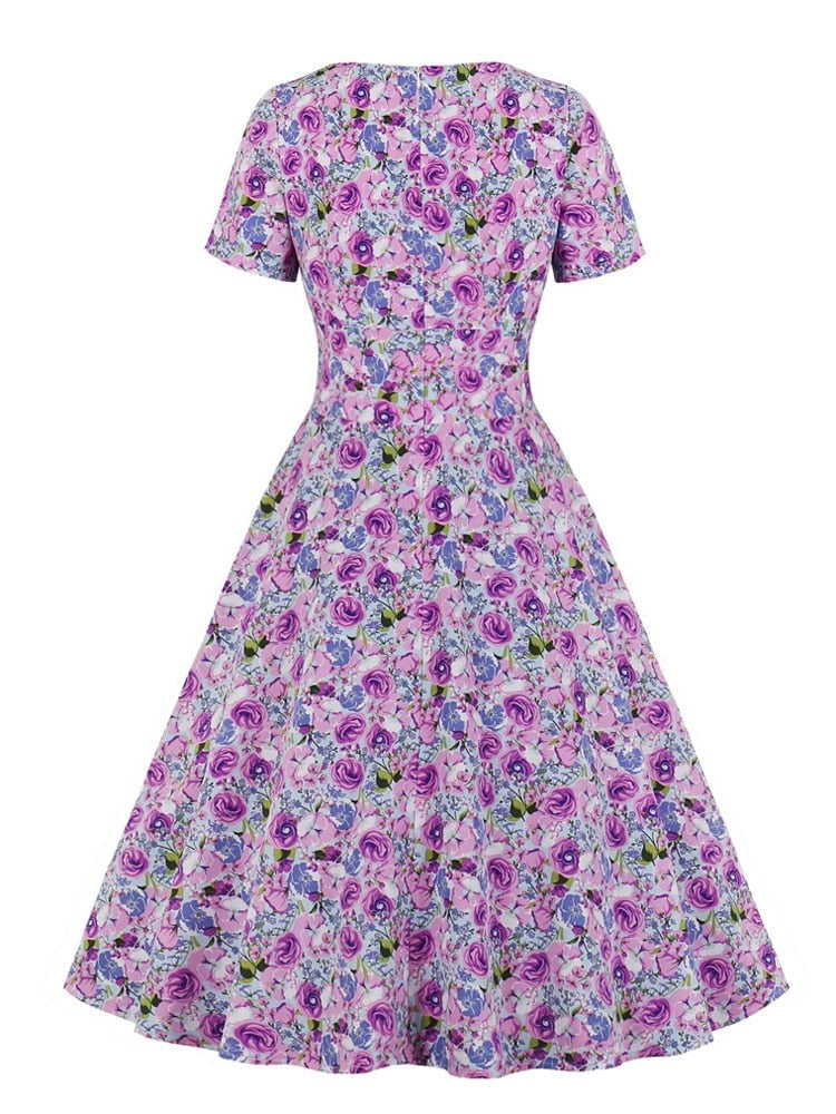 Square Neck Bow Front Floral Print Casual Vintage Summer Elegant Women Short Sleeve High Waist A Line Swing Dresses