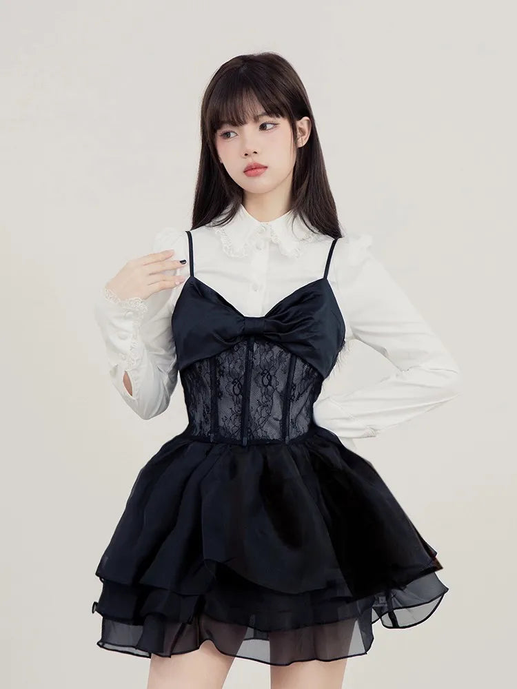 Lace Kawaii Lolita Mini Dress Set Punk Harajuku Aesthetic Black Goth Kpop Korean Dress