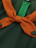 Green Contrast Bow Neck and Cuff Vintage Belted Dress Half Sleeve Autumn Women Fit and Flare Retro Swing Dresses