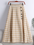 Summer Women Elastic High Waist Elegant Vintage Plaid Check Skirt Front Buttons Casual A Line Midi Skirt