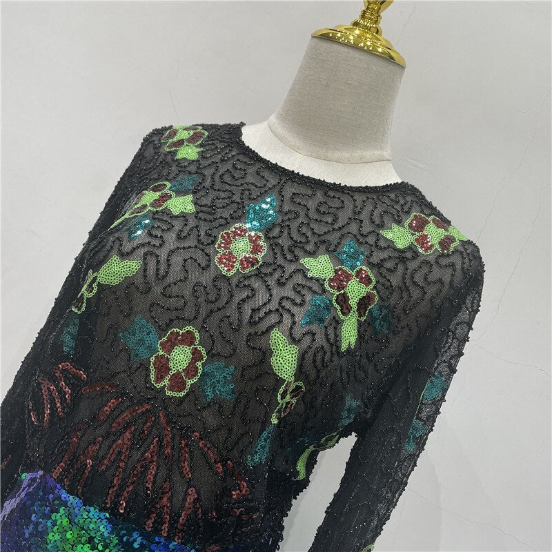2pcs/Set Spring Green Long Sleeve Micro Perspective Nail Bead Luxury Vintage Bead Sequin Shirt + Hip Wrap Skirt