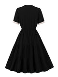 Black Contrast Collar and Cuff Pearl Detail Elegant Elastic Waist A-Line Vintage Midi Dress