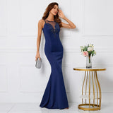 Navy Blue Soft Satin Backless Appliques Beading Long Evening Elegant Party Maxi Dress Long Bridesmaid Dress