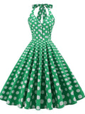 Sleeveless Halter Cocktail Party Dress Green 50S 60S Hepburn Women&#39;s Retro Vintage Pin Up Gowns Polka Dots Print Office Sundress