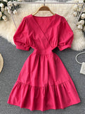 Ruffle Hem Short Puff Sleeve Dress Ladies Crossover V Neck Solid Casual Mini Dress