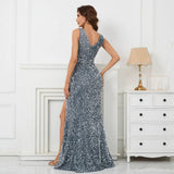 Gray Sequin V Neck Evening Dress Sexy Slit Party Maxi Women Long Prom Dress