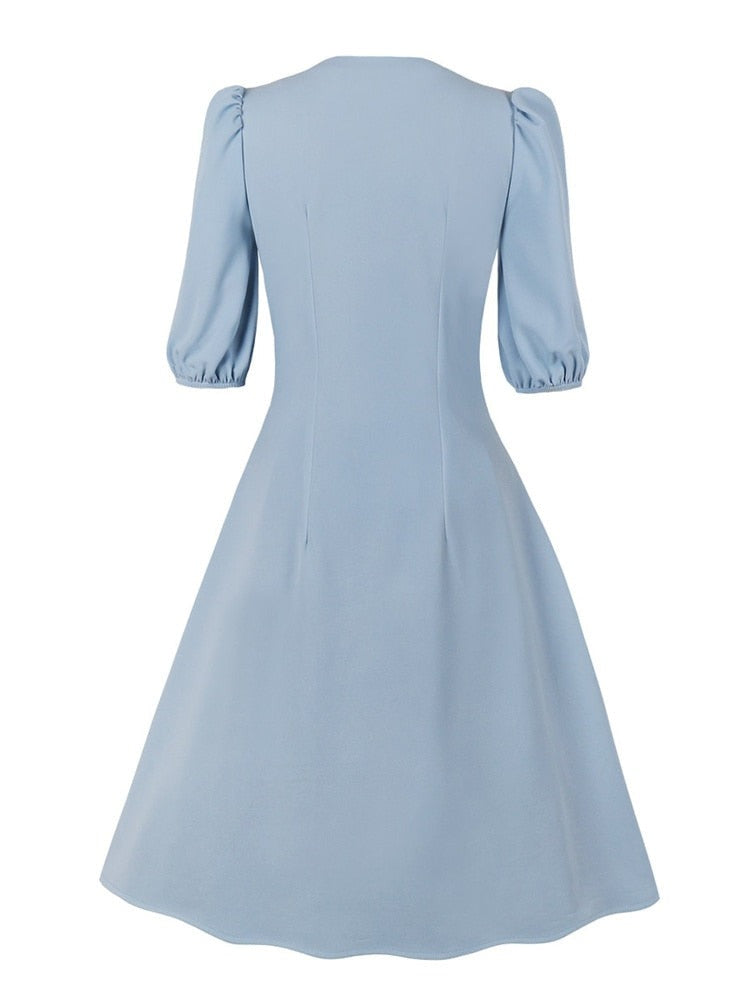 Light Blue Vintage Slim A Line Women Tie Neck Keyhole Single-Breasted 3/4 Length Sleeve Dress