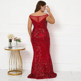 Plus Size Women Elegant Boat Neck Party Maxi Dress Off Shoulder Burgundy Sequin Evening Dress Long Prom Dress