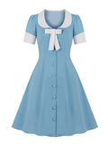Light Blue Contrast Collar and Cuff Bow Front Knee Length A-Line Elegant Women Single-Breasted Vintage Dress