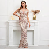 illusion Mesh Gold Sequin Evening Sexy Party Maxi Dress Women Beading Dress Long Prom Dress