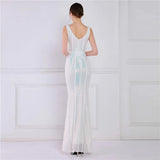 Women Deep V Neck White Sequin Long Prom Evening Dress Sexy Party Maxi Dress