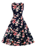 O-Neck Sleeveless Summer Floral Vintage Swing Women 50s Robe A Line Casual Midi Dress