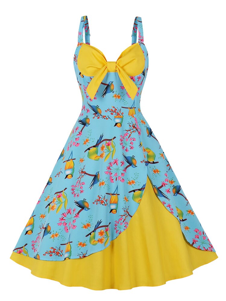 Sexy V-Neck Bird and Floral Print Pinup 50s Yellow Patchwork Rockabilly Women Spaghetti Strap Vintage Dress