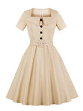 Pinup Women Square Collar Button Front Belted 50s Rockabilly Dress Short Sleeve Pocket Elegant Solid Vintage Dresses