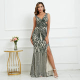 Sexy Slit Sequin Evening Women V Neck Party Maxi Long Prom Dress