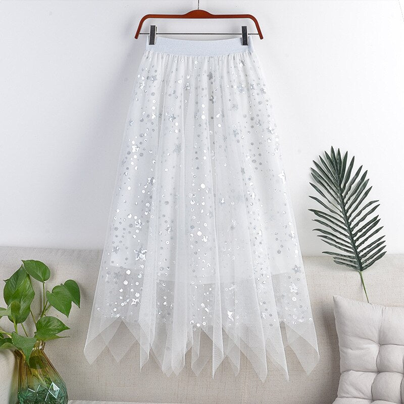 Spring Women Elastic High Waist Pleated Double Layer Mesh Sequins A-Line Skirts Streetwear