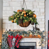 Pre-lit Artificial Christmas Hanging Basket-mixed Decorations And White LED Lights-frosted Berries Ornaments Hanging Decoration