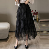 High Waist Lace Women Spring Korean Style All-match Ladies Elegant A-line Long Skirt