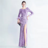 Stretch Feather Sequin Dress Full Sleeve Evening Night Long Party Maxi Dress