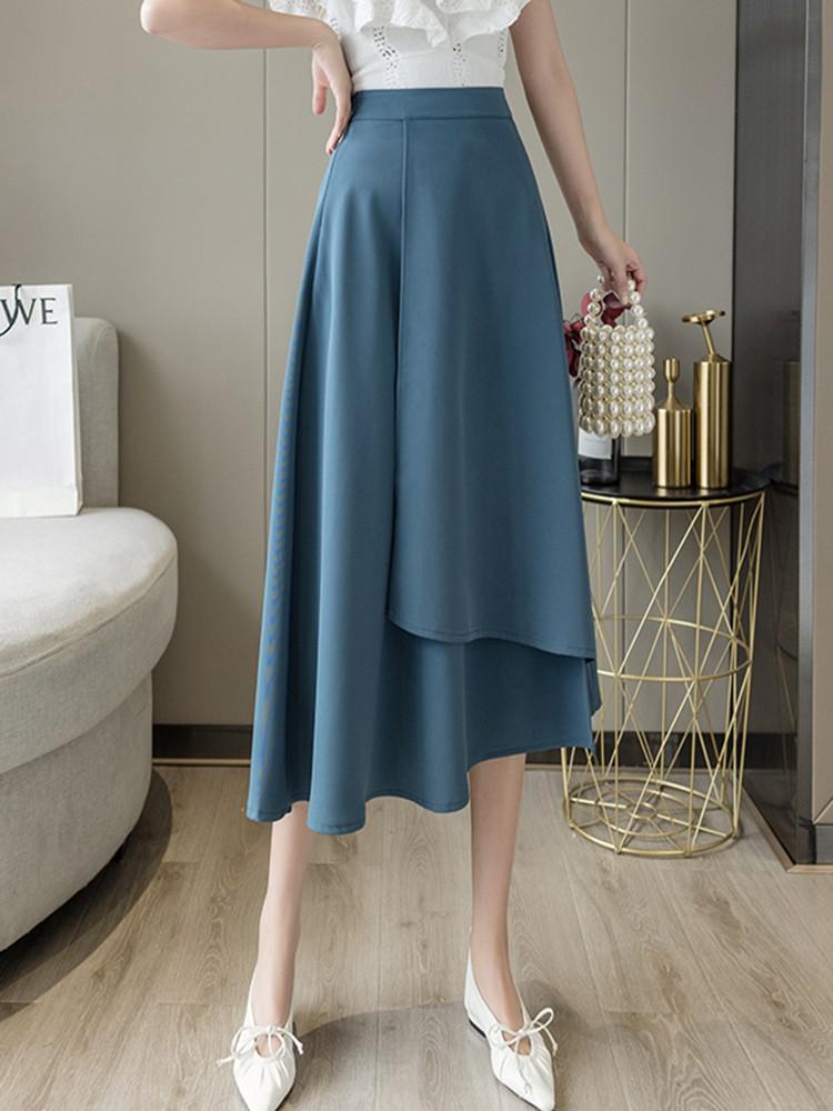 Office Lady Elegant Long Spring Korean Style Streetwear Solid Color High Waist Women A-line Skirt