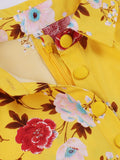 Yellow Turn-Down Collar Button Up Floral Vintage Summer Shirt Cap Sleeve Women High Waist Pocket Pleated Dress