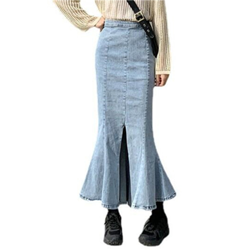 Vintage Denim Mermaid Women Elegant Package Hip Ruffle Trumpet Summer Solid Color Floor-Length Long Jean Skirt