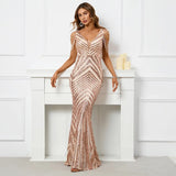 Women Beading Long Prom Dress Deep V Neck Gold Sequin Evening Dress Sexy Party Maxi Dress