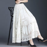 Vintage Floral Lace Long Women Spring Summer Korean A Line Black High Waist Floor-Length Pleated Skirts