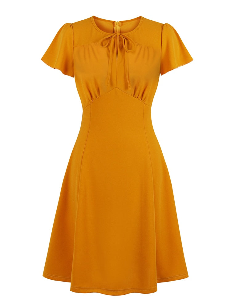 Vintage Bow Tie Neck High Waist Orange Women Dress Short Sleeve Elegant Summer Fit and Flare Solid Dresses