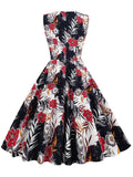 Elegant 50s Robe Retro Pinup Summer Floral O-Neck Sleeveless Women Cotton Vintage Print Dresses