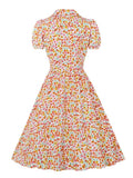 Notched Collar Single-Breasted Multicolor Floral Print Summer Vacation A Line Vintage Dress
