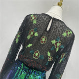 2pcs/Set Spring Green Long Sleeve Micro Perspective Nail Bead Luxury Vintage Bead Sequin Shirt + Hip Wrap Skirt