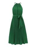 Halter Neck Sleeveless Summer Long Dresses for Women Green Elastic Waist Casual Vacation Outfits Pleated Dress