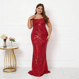 Plus Size Women Elegant Strap Party Maxi Dress Burgundy Sequin Evening Dress Long Prom Dress