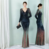 Stretch Navy Sequined Maxi Dress Full Sleeve V Neck Mermaid Evening Night Long Party Prom Dress