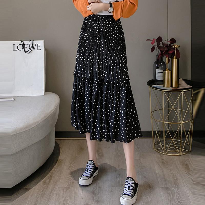 Women Chiffon Casual Spring Korean Style Polka Dots Print All-match Loose Ladies Elegant A-line Long Skirt