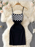 Straight Neckline Sleeveless Check Knitted Mini Dress Summer Spaghetti Strap Sexy Bodycon Dress