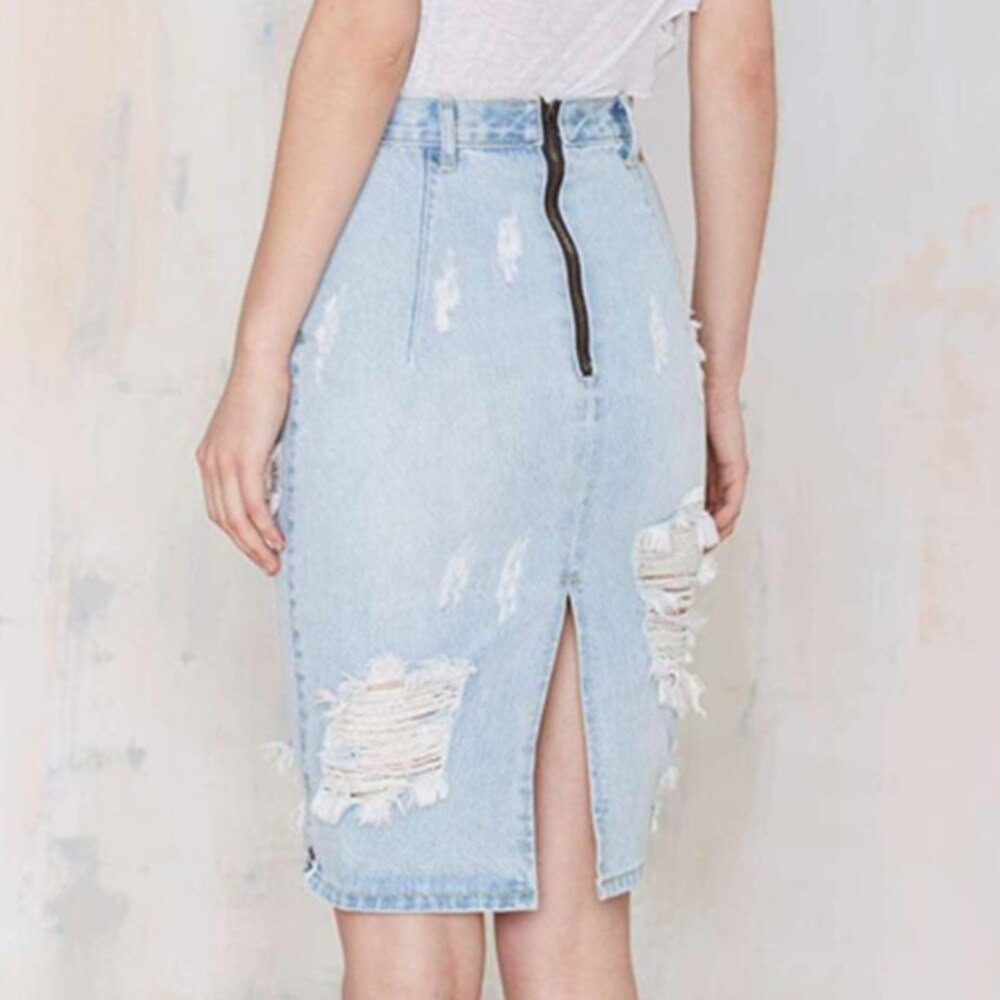 High Waist Denim Summer Knee Length Solid Color Bag Hip Denim Jeans Skirt Pencil Streetwear