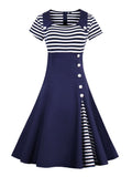 A-Line Striped Vintage Summer Flare Tunic Dress High Waist Buttons Short Sleeve Women Clothing Patchwork 60s Rockabilly Dresses