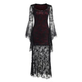 Dark Gothic Aesthetic Vintage Bodycin Dresses Women&#39;s Lace Patchwork Grunge Black Dress Flare Sleeve See Through Sexy Partywear