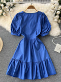 Ruffle Hem Short Puff Sleeve Dress Ladies Crossover V Neck Solid Casual Mini Dress