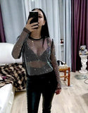 High-Quality Jumping Disc Color Flashing Diamonds Long-Sleeved Net Shirt Blouse Electric Syllable Wear Bright Sparkling Top