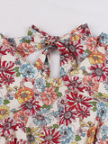 Women Floral Short Sleeve Rockabilly Vintage Multicolor Elegant Tie Back Party Backless Belted Midi Dresses