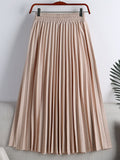 Spring Summer Elastic High Waist Elegant Pleated Skirt Women Solid Casual Midi Long Skirt