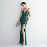 Women Backless Navy Sequin Strap Beading Party Maxi Dress Sexy Slit Evening Dress Long Prom Dress