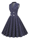 Notched Collar Button High Waist Polka Dot Women Vintage Long Dress Elegant Clothes 50s Pinup Robe A-Line Dresses