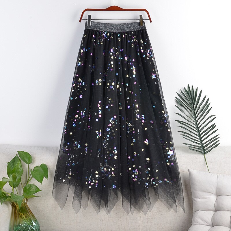 Spring Women Elastic High Waist Pleated Double Layer Mesh Sequins A-Line Skirts Streetwear